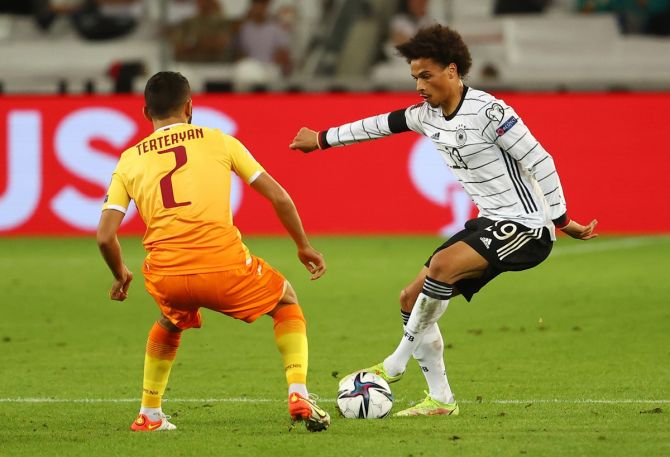 Germany's Leroy Sane tries to get past Armenia's David Terteryan during the Group J World qualifier. 