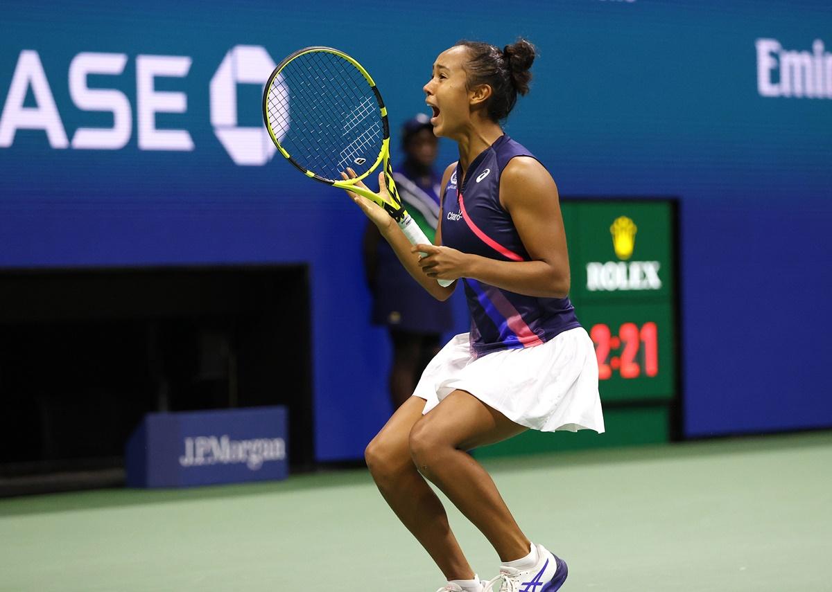 Canada's Leylah Annie Fernandez celebrates victory over Aryna Sabalenka of Belarus in the wmen’s singles semi-finals of the 2021 US Open