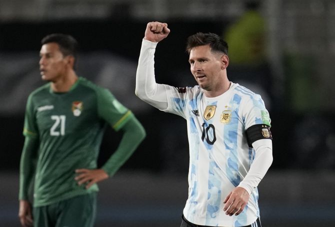 Lionel Messi celebrates scoring Argentina's opening goal against Bolivia in the South American World Cup qualifier, in Buenos Aires, Argentina, on Thursday