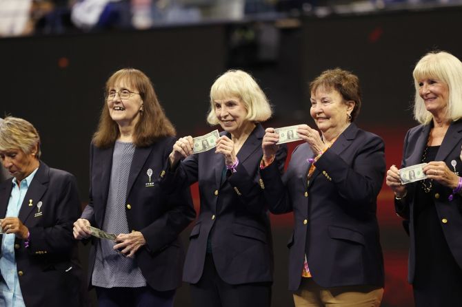 (L-R) Rosie Casals, Peaches Bartkowicz, Julie Heldman, Kerry Melville Reid and Valerie Ziegenfuss participate in the ceremony honoring the induction of the 'Original 9' into the International Tennis Hall of Fame.