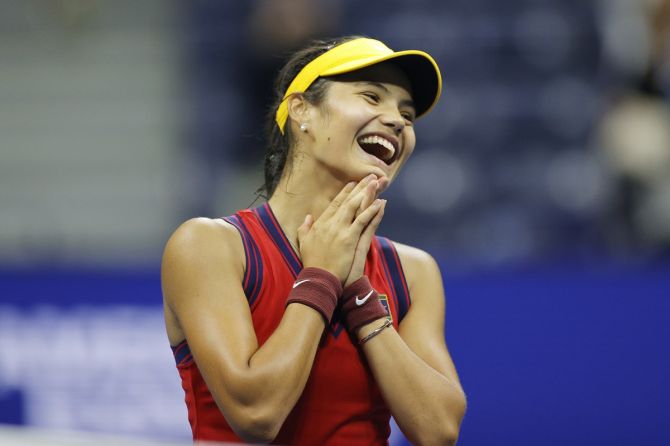 Great Britain's Emma Raducanu celebrates victory over Greece's Maria Sakkari in the women’s singles semi-finals at the 2021 US Open, on Thursday.