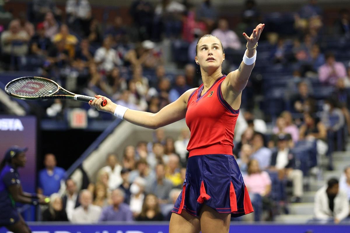 Belarus's Aryna Sabalenka reacts after losing a point to Leylah Annie Fernandez 