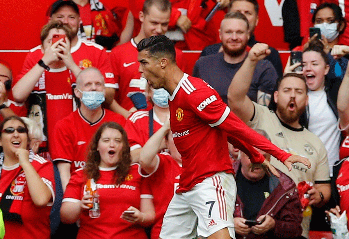 Cristiano Ronaldo celebrates on scoring his first goal against Newcastle United at Old Trafford on September 11, 2021