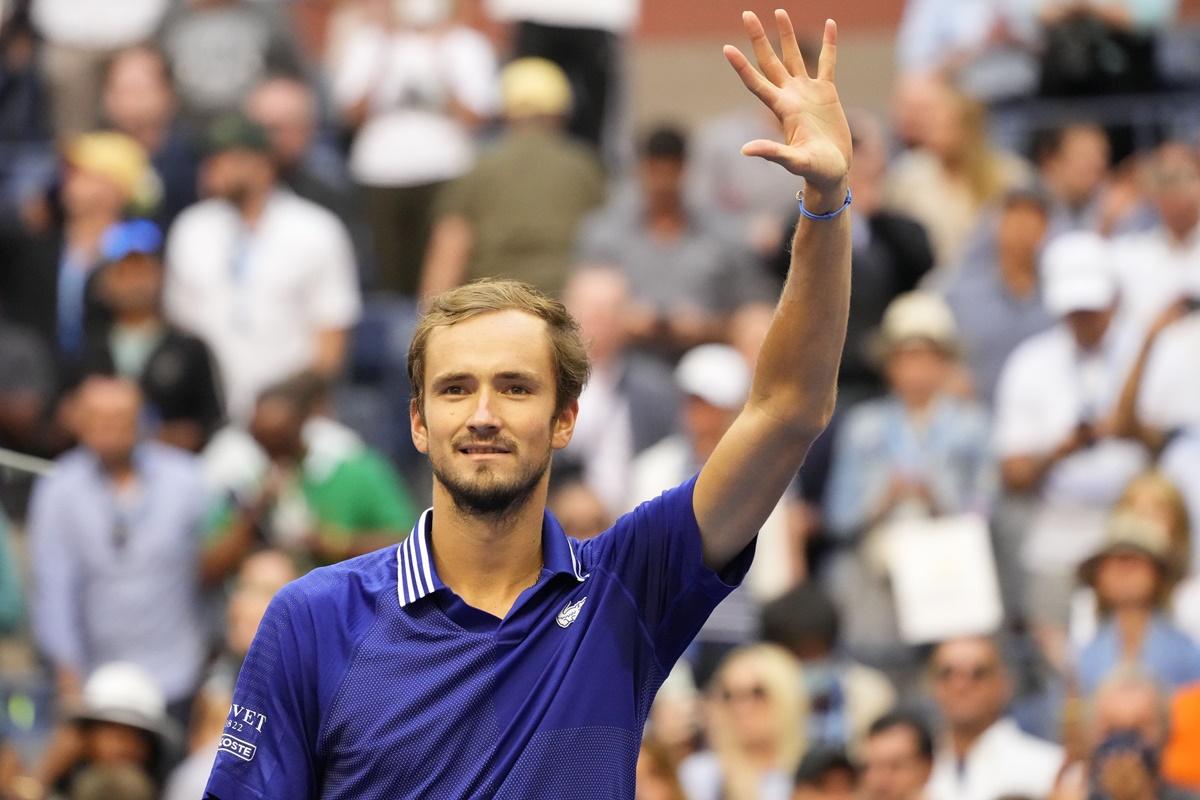 Russia's Daniil Medvedev celebrates victory over Canada's Felix Auger-Aliassime on Friday, Day 12 of the 2021 US Open, at USTA Billie Jean King National Tennis Center. 