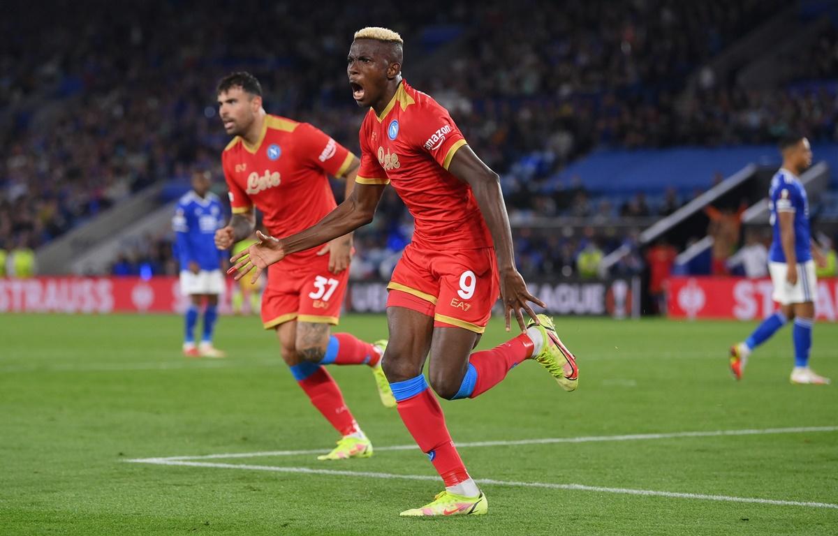 Victor Osimhen celebrates after scoring Napoli's second goal during the Europa League Group C match against Leicester City, at The King Power Stadium in Leicester, England, on Thursday.