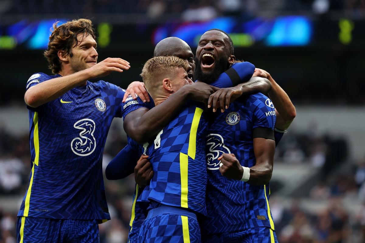 Antonio Ruediger celebrates with teammates Timo Werner, Romelu Lukaku and Marcos Alonso after scoring Chelsea's third goal during the Premier League match against Tottenham Hotspur, at Tottenham Hotspur Stadium on Sunday. 