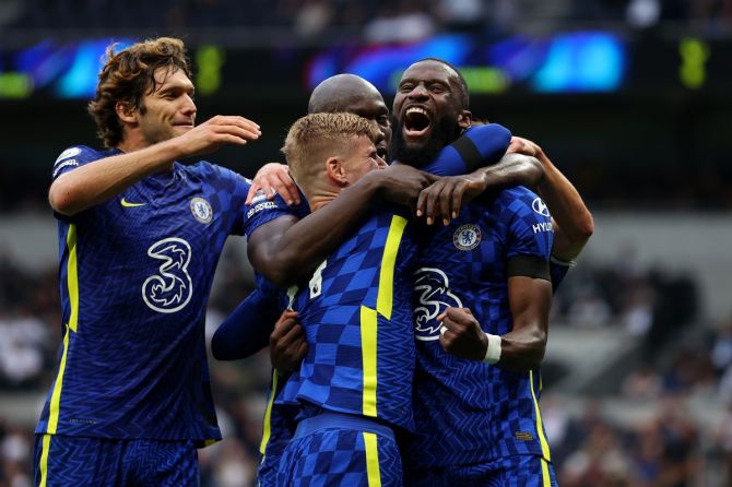 Antonio Ruediger celebrates with teammates Timo Werner, Romelu Lukaku and Marcos Alonso after scoring Chelsea's third goal during the Premier League match against Tottenham Hotspur, at Tottenham Hotspur Stadium on Sunday. 