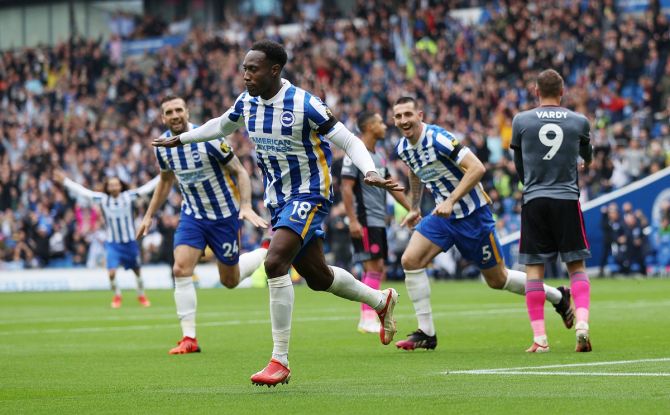 Danny Welbeck celebrates scoring Brighton & Hove Albion's second goal during the Premier League match against Leicester City, at American Express Community Stadium, on Sunday.