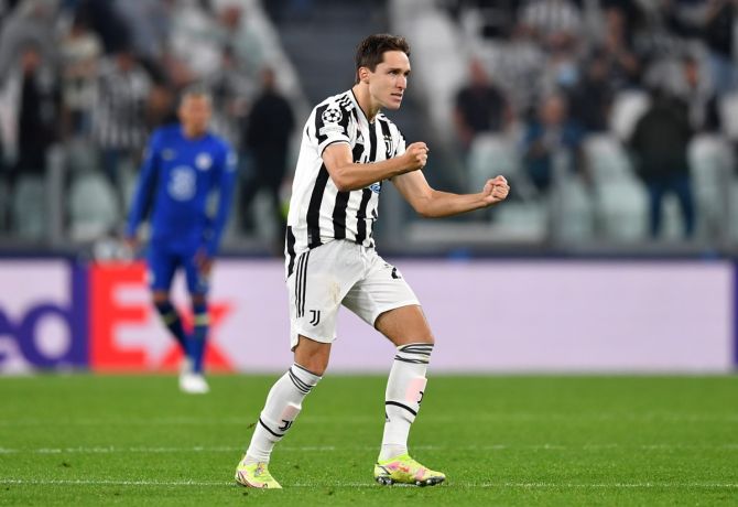 Federico Chiesa celebrates putting Juventus ahead in the Champions League Group H match against Chelsea FC at Juventus Stadium in Turin, Italy. 