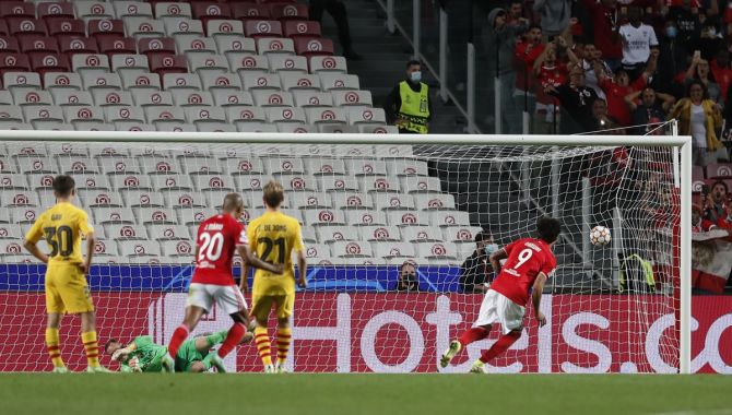 Darwin Nunez scores Benfica's third goal from the penalty spot in the Champions League Group E match against Barcelona