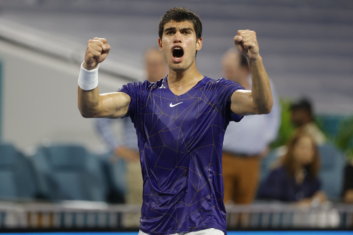 Spain's Carlos Alcaraz reacts after defeating Poland's Hubert Hurkacz in the men's singles semi-finals of the Miami Open, at Hard Rock Stadium in Florida, on Friday.