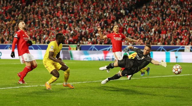 Sadio Mane scores Liverpool's second goal during the Champions League quarter-final first leg against Benfica, at Estadio da Luz, in Lisbon, Portugal, on Tuesday.