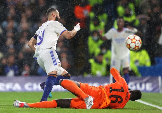 Karim Benzema celebrates scoring Real Madrid's first goal.