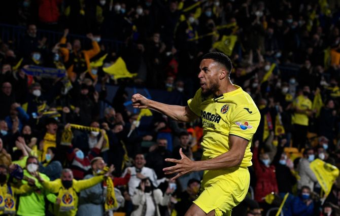 Arnaut Danjuma celebrates scoring what turned out to be the match-winner for Villarreal in the Champions League quarter-final first leg against Bayern Munich, at Estadio de la Ceramica, in Villarreal, Spain, on Wednesday.