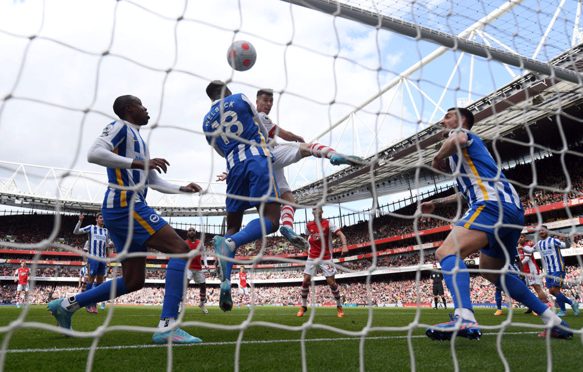 Arsenal's Gabriel Martinelli scores a goal which was later disallowed by VAR for an offside during their match against Brighton & Hove Albion at Emirates Stadium in London