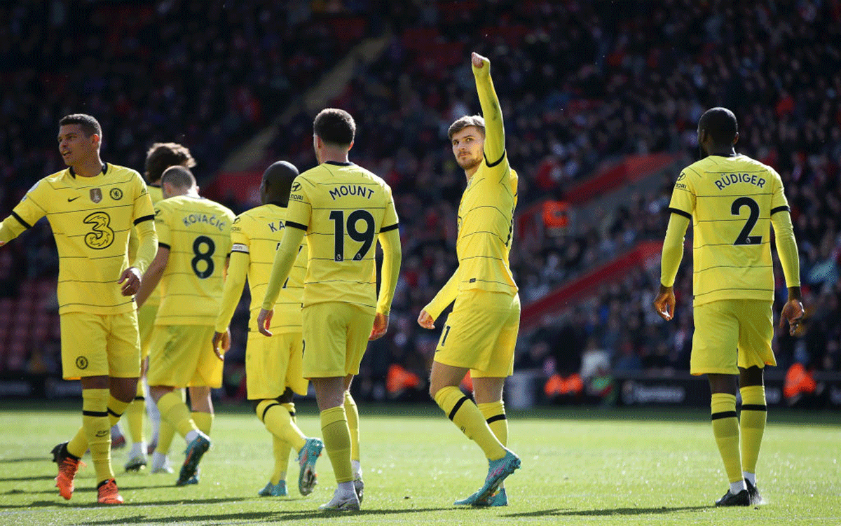 Chelsea's Timo Werner celebrates after scoring their side's fifth goal against Southampton at St Mary's Stadium in Southampton