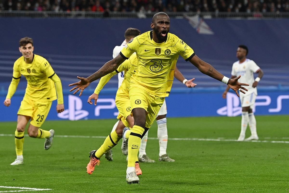 Antonio Ruediger celebrates after scoring Chelsea's second goal.