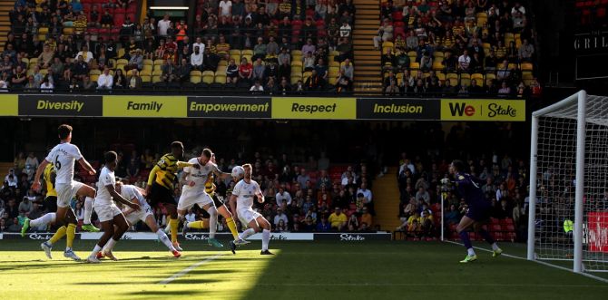 Pontus Jansson scores Brentford's second goal against Watford, at Vicarage Road, Watford. 