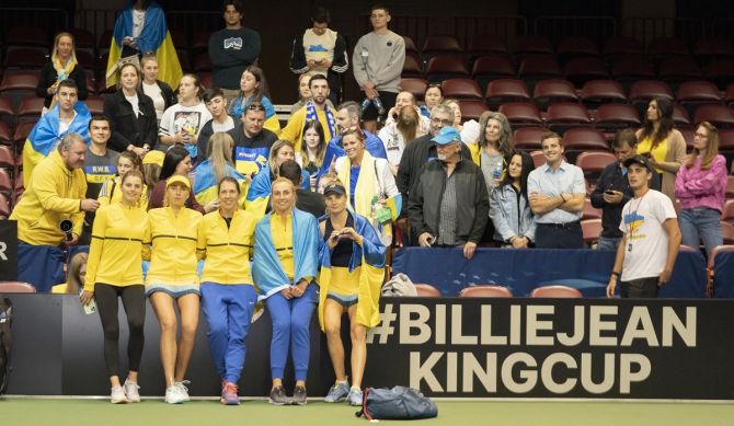 Team Ukraine with their supporters after the Billie Jean King Cup tie between USA and Ukraine, at Harrah's Cherokee Center in Asheville, NC, USA, on Saturday.