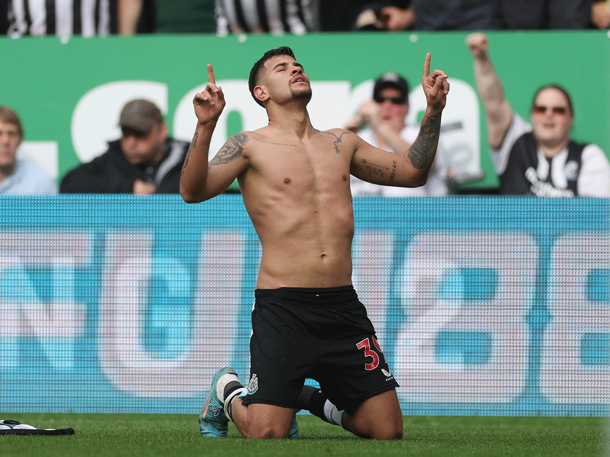 Newcastle United's Bruno Guimaraes celebrates scoring their second goal against Leicester City at St James' Park, Newcastle 