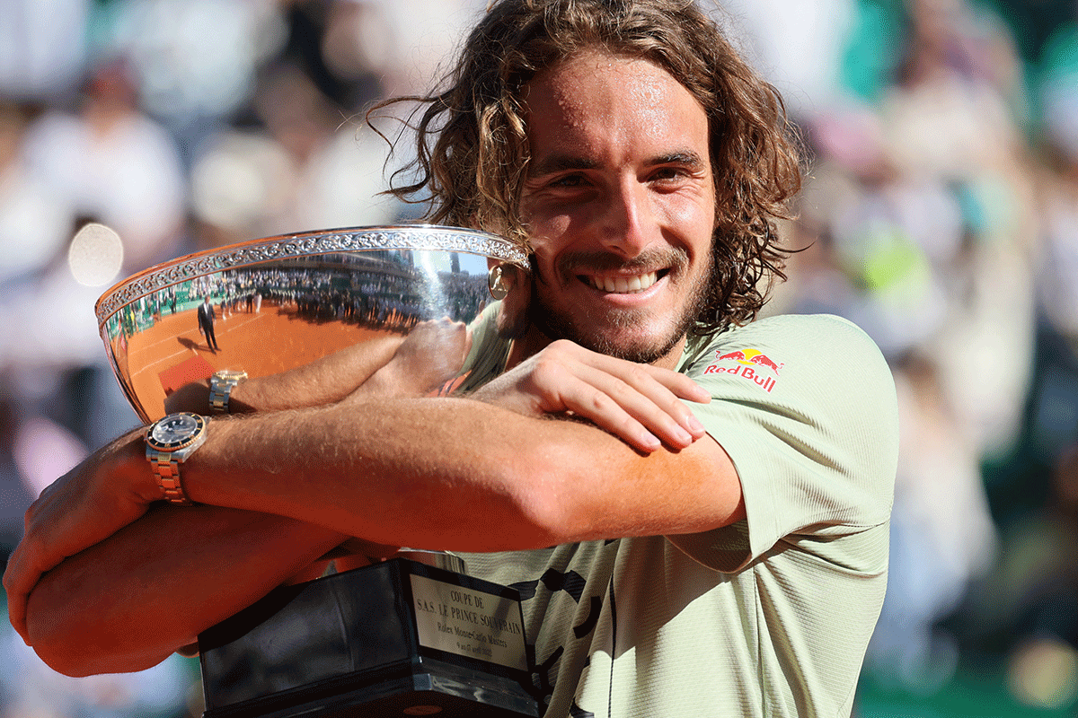 Greece's Stefanos Tsitsipas celebrates with the trophy after beating Spain's Alejandro Davidovich Fokina to win the Monte Carlo ATP 1000 Masters at Monte-Carlo Country Club, Roquebrune-Cap-Martin, France, on Sunday 
