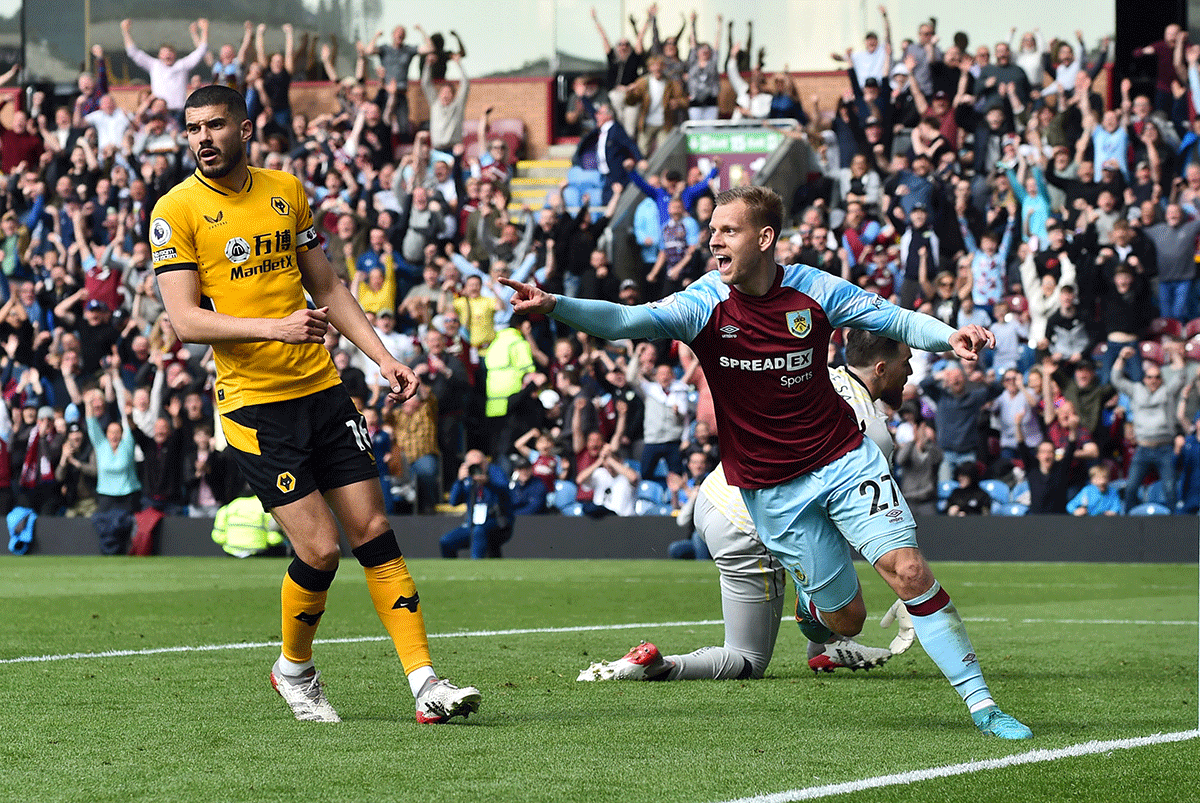 Burnley's Matej Vydra celebrates scoring their first goal against Wolverhampton Wanderers at Turf Moor, Burnley