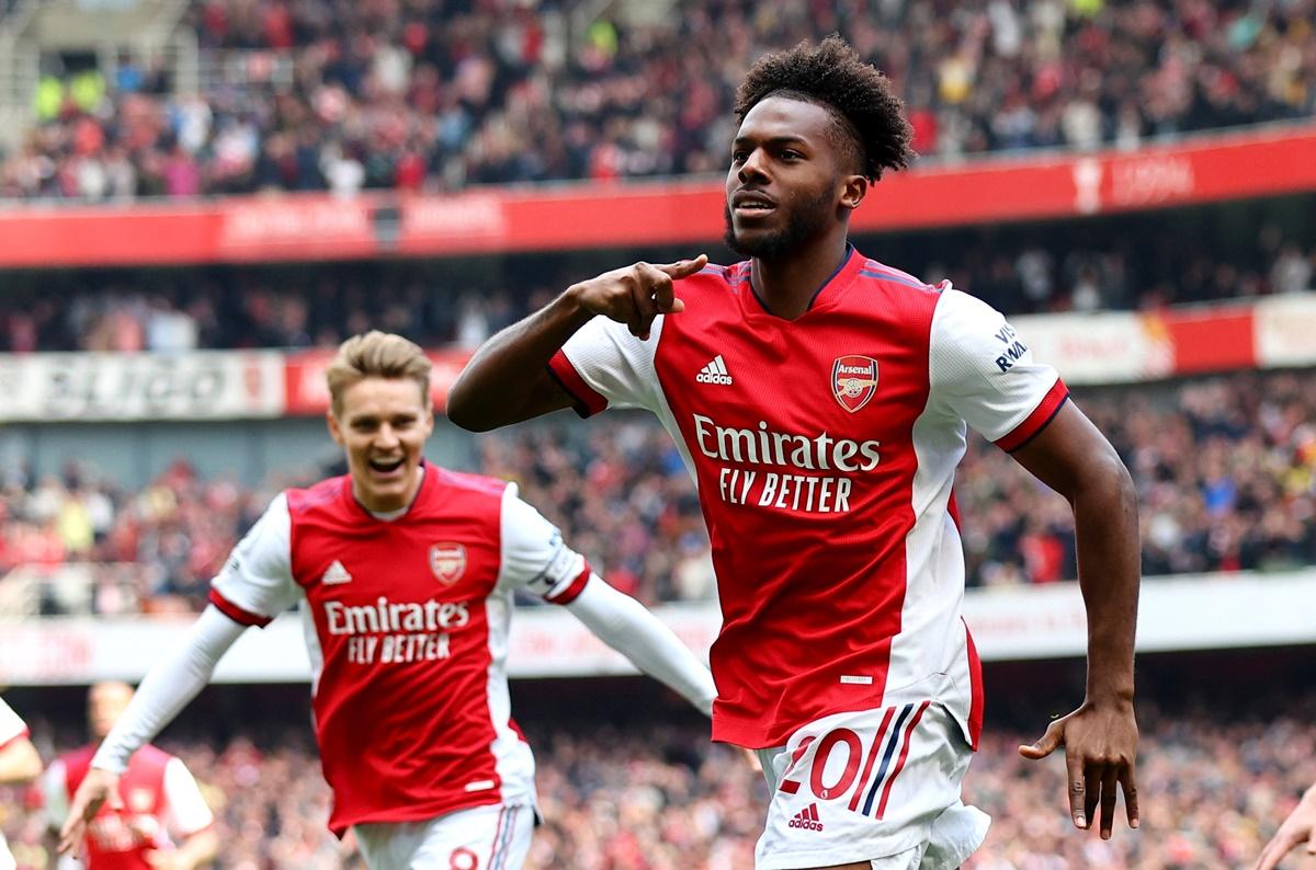 Nuno Tavares celebrates scoring Arsenal's first goal against Manchester United.