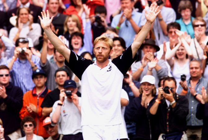 Germany's Boris Becker celebrates winning his fourth round match against Australia's Pat Rafter at Wimbledon, June 30, 1999.