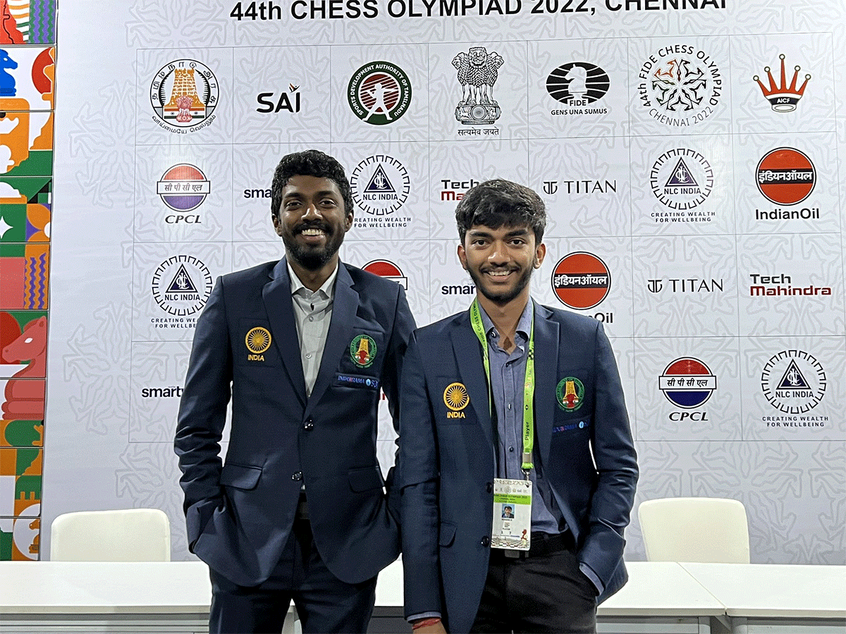 Indian chess players D Gukesh (left) and Adhiban Bhaskaran