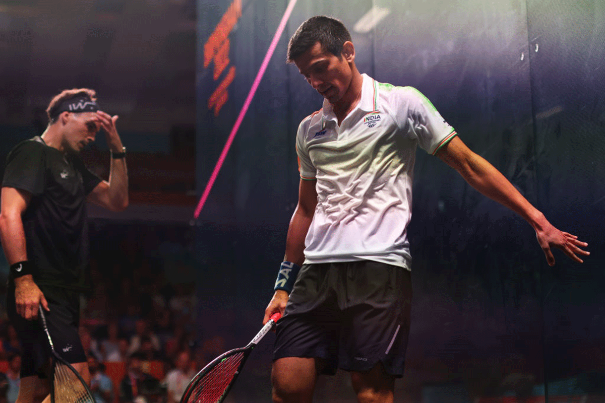 India's Saurav Ghosal reacts during the Men's Singles Squash Semi-Finals against New Zealand's Paul Coll on day five of the Birmingham 2022 Commonwealth Games at University of Birmingham Hockey & Squash Centre in  Birmingham on Tuesday