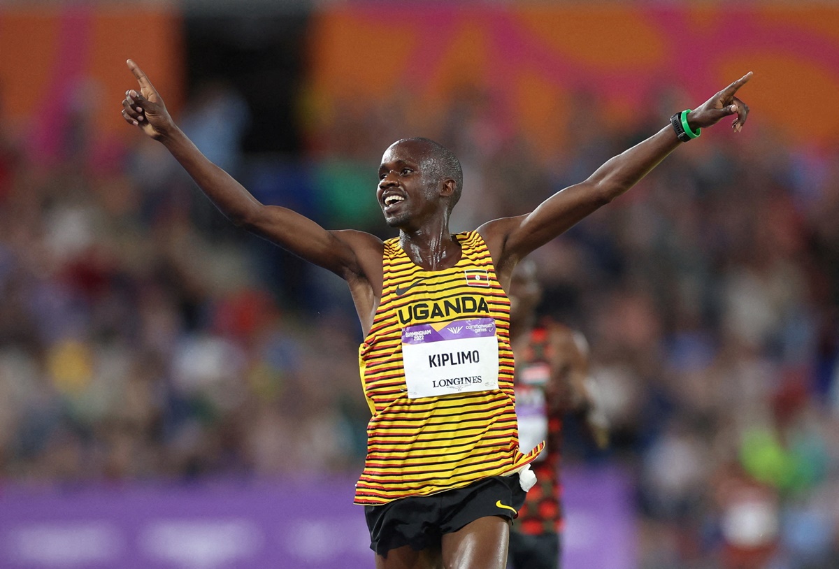 Uganda's Jacob Kiplimo celebrates crossing the finish line first in the Commonwealth Games men's 10,000m final at Alexander Stadium in Birmingham, on Tuesday.