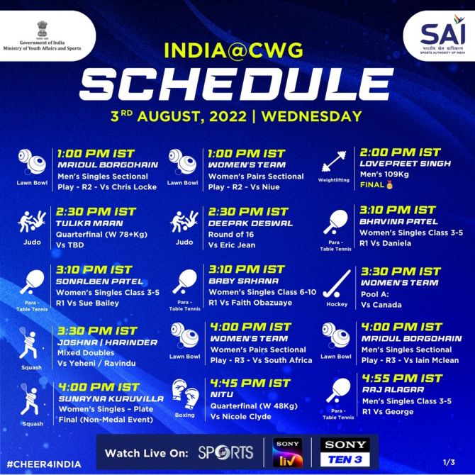 India's schedule at the Commonwealth Games on Wednesday, August 3.