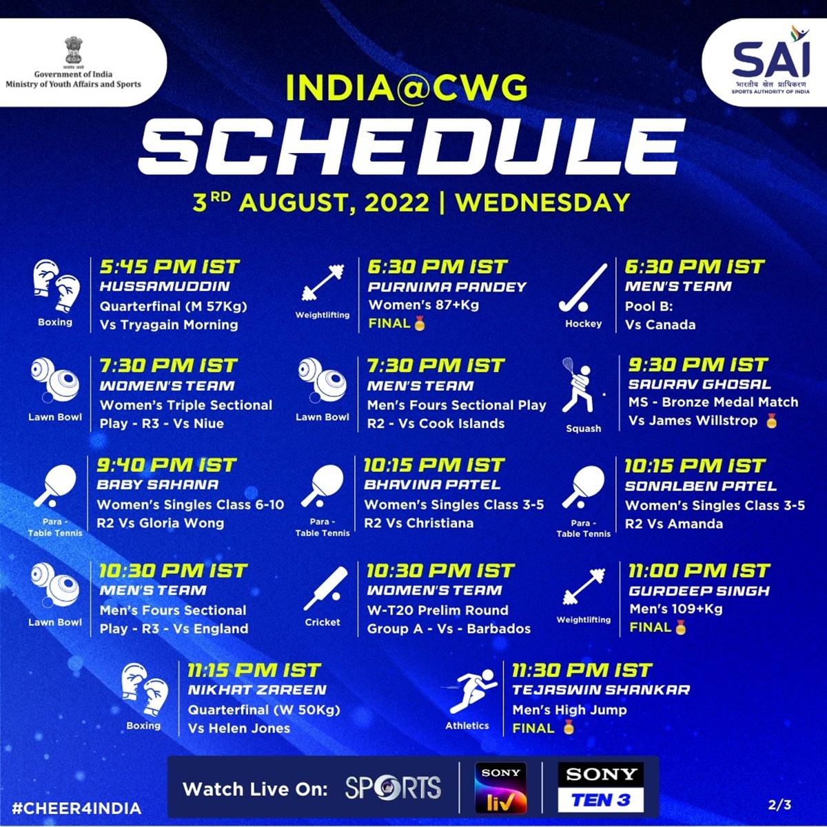 India's schedule at the Commonwealth Games on Wednesday, August 3.