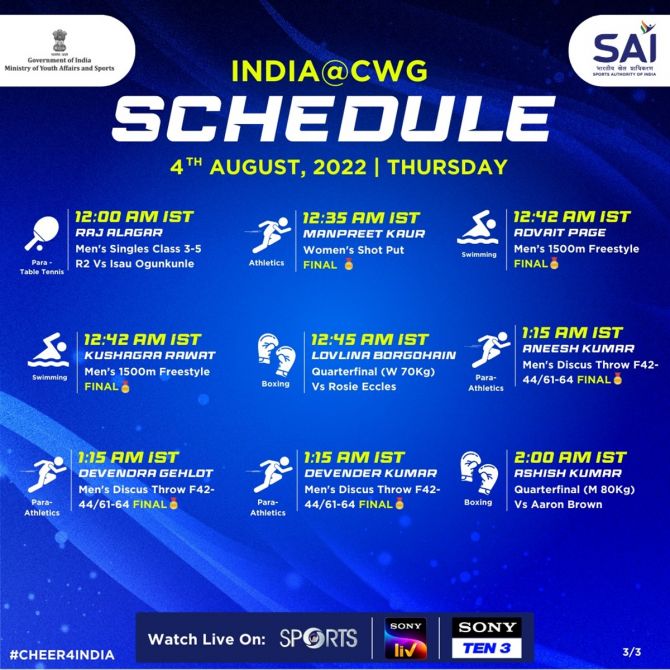 India's schedule at the Commonwealth Games on Wednesday, August 3.