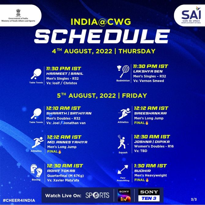 India's schedule on Thursday, August 4, Day 7 of the Birmingham Commonwealth Games.