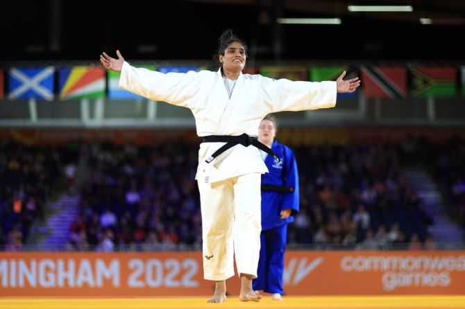India's Tulika Maan celebrates victory over Australia's Sydnee Andrews in the women's +78Kg semi-finals at the Commonwealth Games on Wednesday.