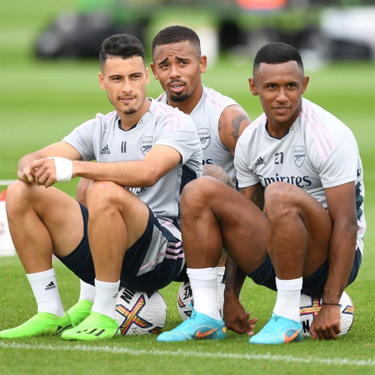 Gabriel Martinelli, Gabriel Jesus and Marquinhos at an Arsenal training session on Thursday