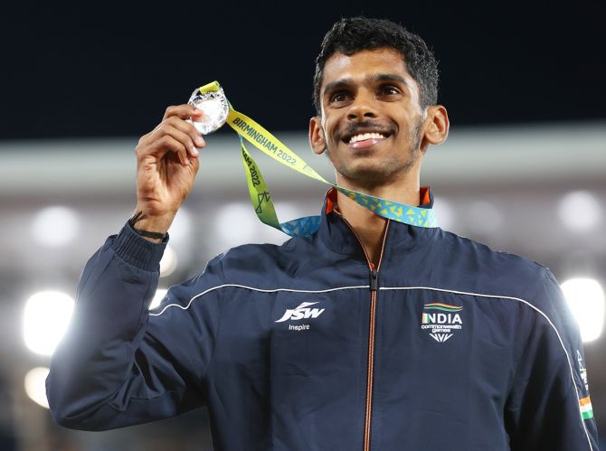 India's Murali Sreeshankar poses on the podium with his silver medal from the men's long jump on Thursday, Day 7 of the Commonwealth Games, at Alexander Stadium in Birmingham.