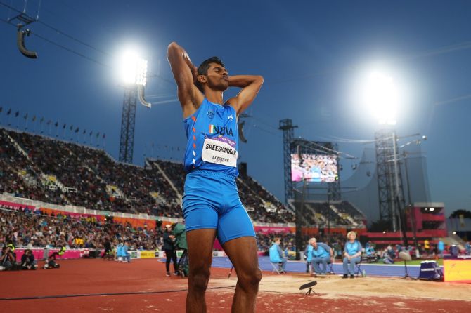 Murali Sreeshankar reacts after fouling on his last attempt during the men's Long Jump final at the Commonwealth Games in Birmingham on Thursday.
