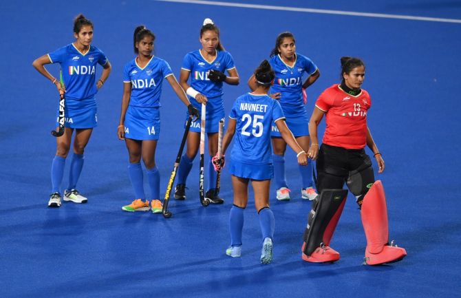 India's players are devasted after losing to Australia via the shoot-out in the Commonwealth Games women's hockey semi-finals, at the University of Birmingham Hockey & Squash Centre, on Friday.