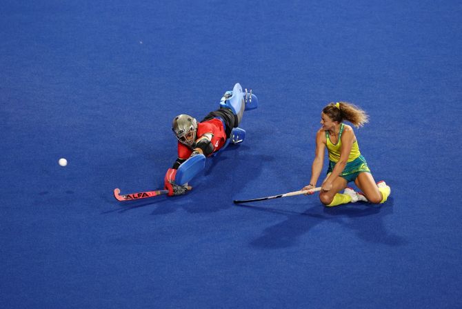 Australia's Ambrosia Malone retakes the penalty during the Commonwealth Games women's hockey semi-final against India, the University of Birmingham Hockey & Squash Centre, on Friday.
