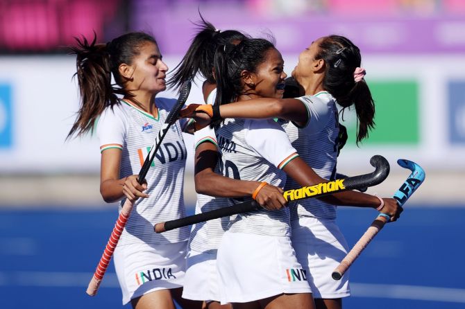  Salima Tete celebrates with teammates after putting India ahead
