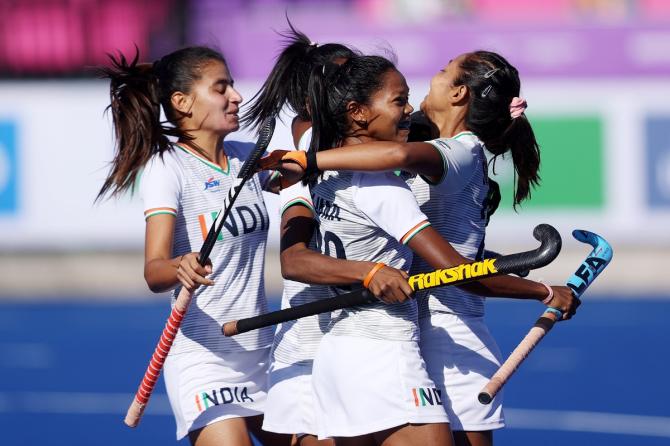 Salima Tete celebrates with teammates after putting India ahead