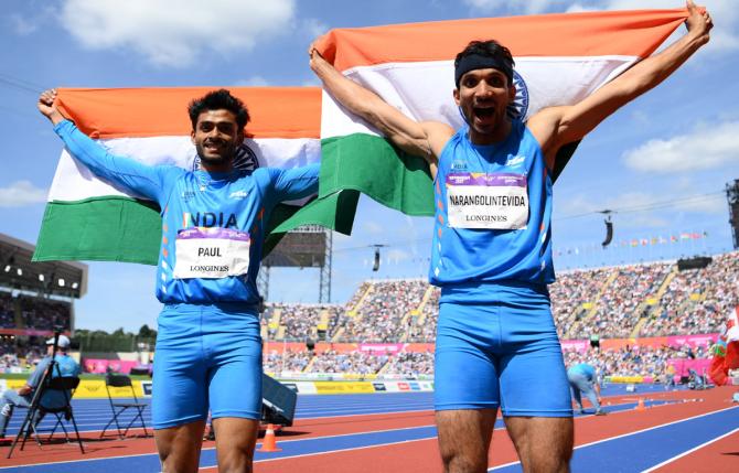 Eldhose Paul and Abdulla Aboobacker celebrate winning the gold and silver medal respectively in the men's triple jump at the 2022 Commonwealth Games in Birmingham on Sunday