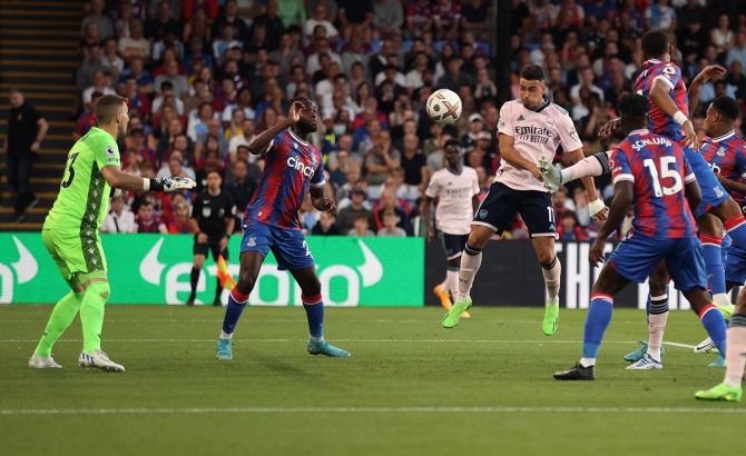 Gabriel Martinelli scores Arsenal's first goal during the Premier League match against Crystal Palace, at Selhurst Park in London, on Friday.
