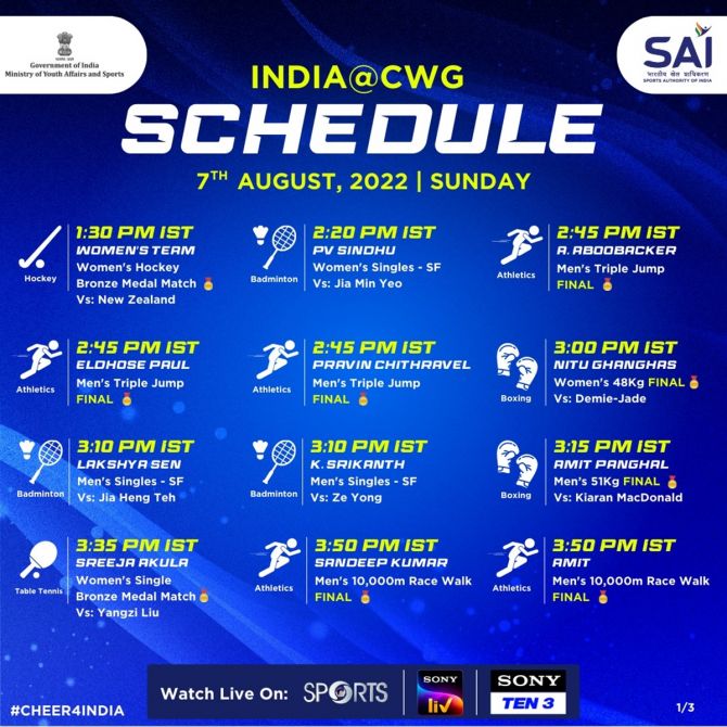 India's schedule on Sunday, August 7, Day 10 of the Birmingham Commonwealth Games