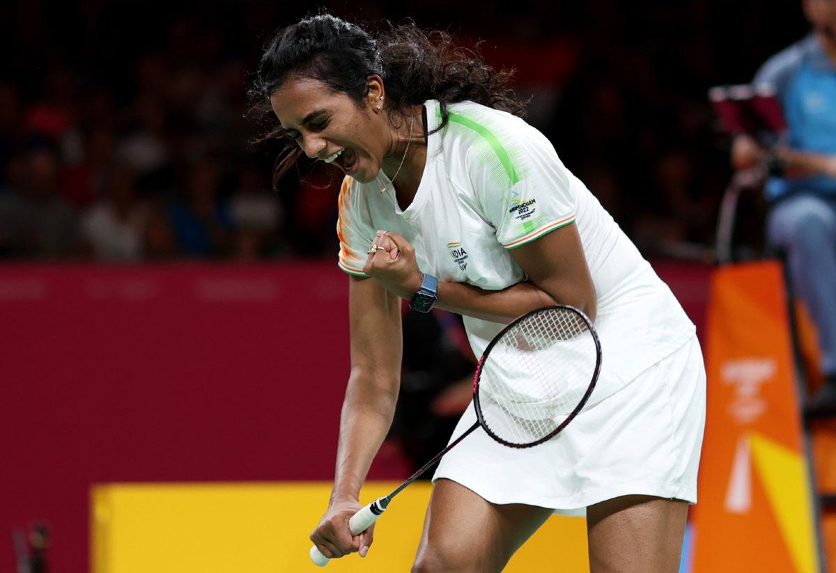 Pusarla Sindhu celebrates victory over Singapore's Yeo Jia Min in the semi-finals of the women's singles badminton at the Commonwealth Games on Sunday.