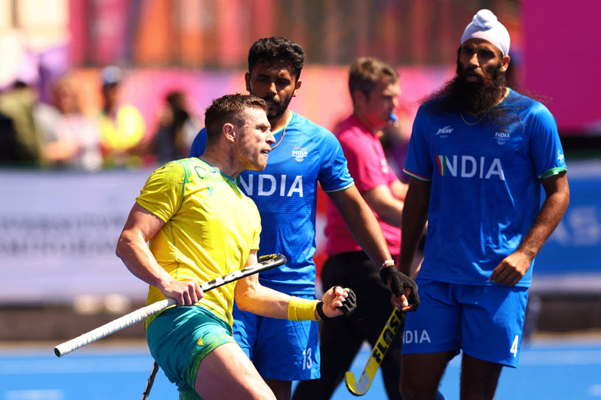 Australia's Tom Wickham celebrates after scoring their fourth goal against India during the Men's Hockey gold medal match on day eleven of the Birmingham 2022 Commonwealth Games at University of Birmingham Hockey & Squash Centre in Birmingham on Monday. 