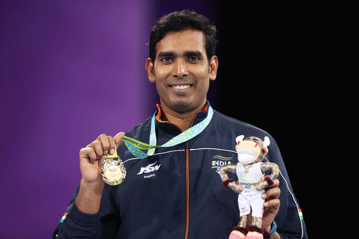 Gold Medallist, India's Achanta Sharath Kamal celebrates during the Table Tennis Men's Singles Medal Ceremony on day eleven of the Birmingham 2022 Commonwealth Games at NEC Arena in Birmingham, England, on Monday