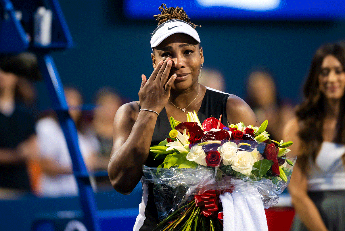 Serena Williams gets emotional after receiving a send-off following her first round loss to Switzerland's Belinda Bencic during the National Bank Open, part of the Hologic WTA Tour, at Sobeys Stadium in Toronto on Wednesday